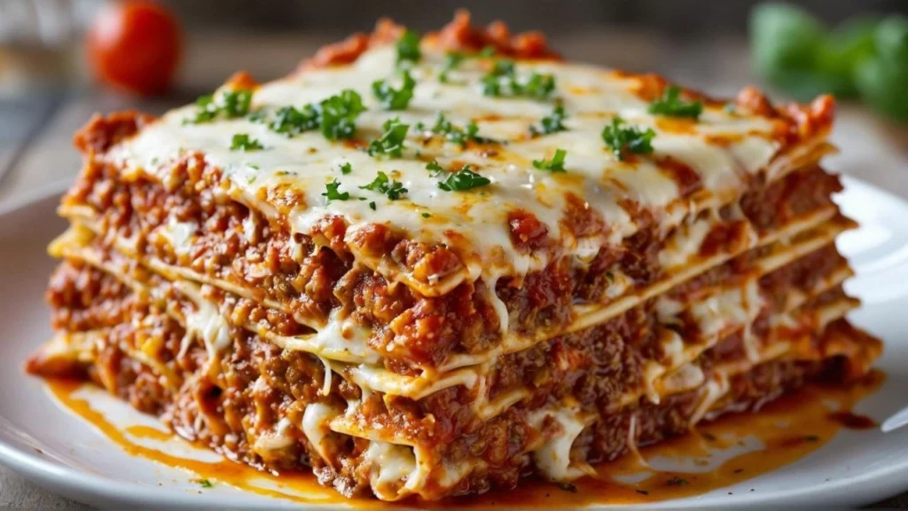 A slice of ground meat lasagna with layers of pasta, rich meat sauce, and melted cheese.