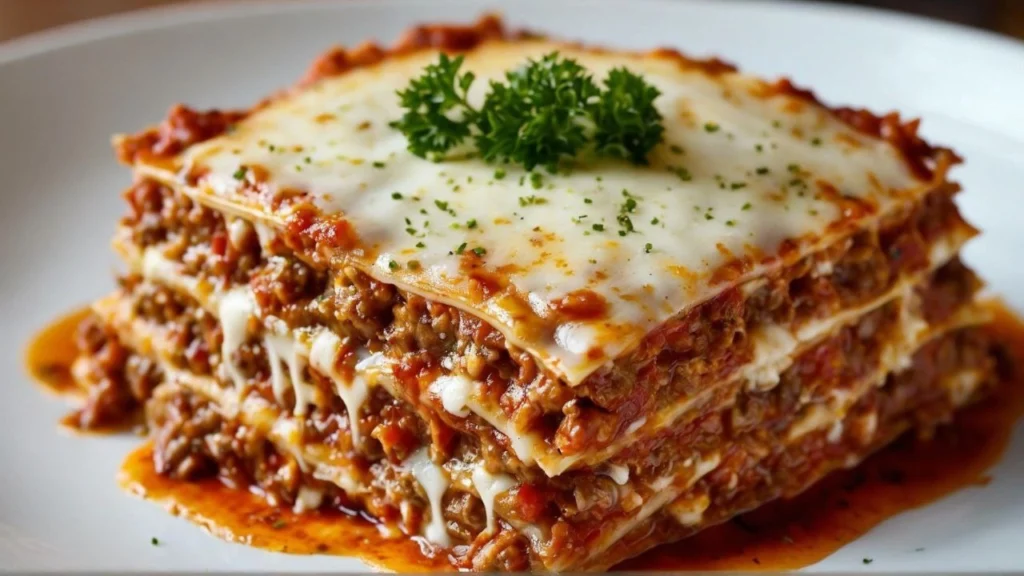 A slice of ground meat lasagna with layers of pasta, rich meat sauce, and melted cheese.