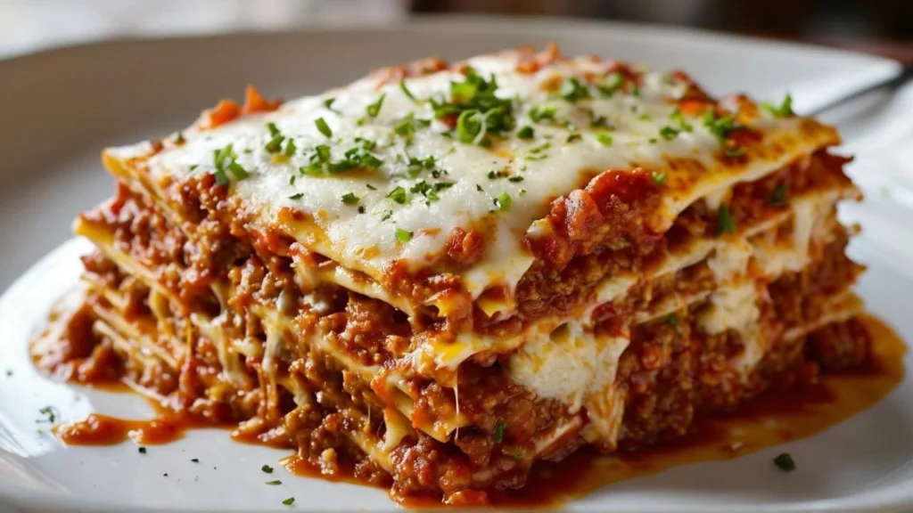 A slice of ground meat lasagna with layers of pasta, rich meat sauce, and melted cheese.