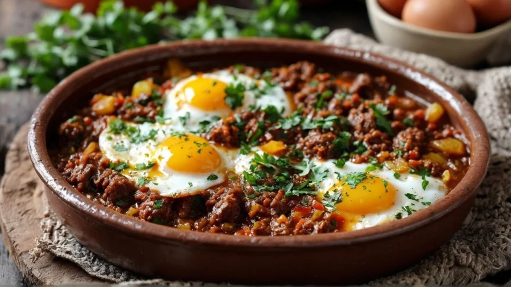 Moroccan ground meat tagine topped with poached eggs and rich tomato sauce