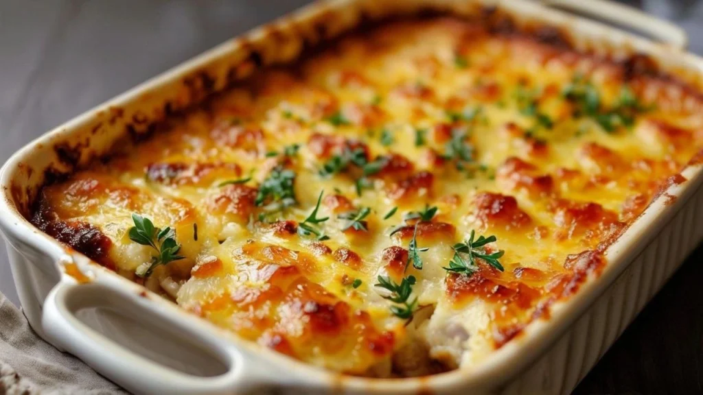 A golden-brown minced meat gratin topped with melted cheese and creamy layers.