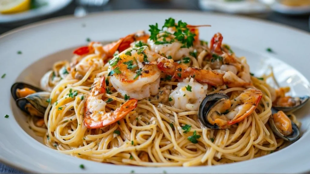 A plate of pasta with fresh seafood in a savory sauce.