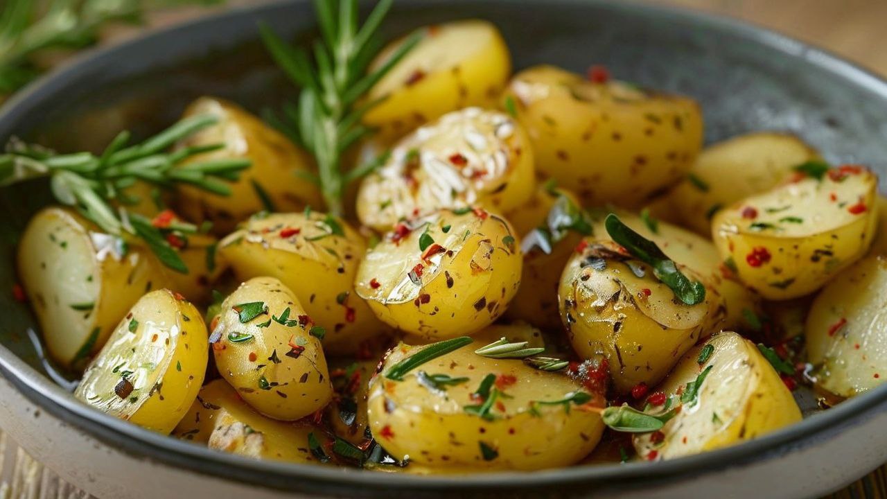 Golden-brown roasted potatoes garnished with fresh herbs and sea salt in a white bowl.