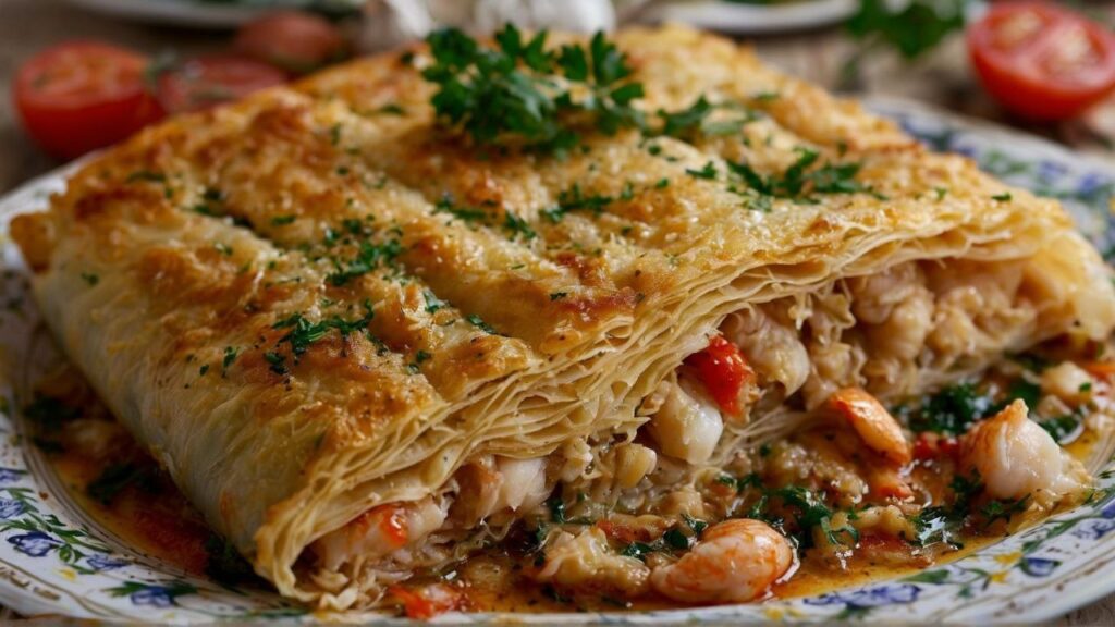 A beautifully presented seafood pastilla, a golden, flaky pastry filled with savory seafood, garnished with fresh parsley on a decorative plate.