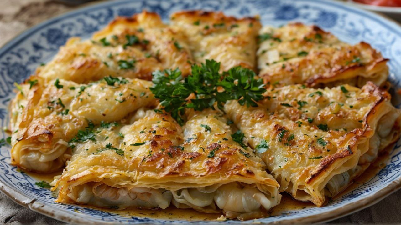 A beautifully presented seafood pastilla, a golden, flaky pastry filled with savory seafood, garnished with fresh parsley on a decorative plate.