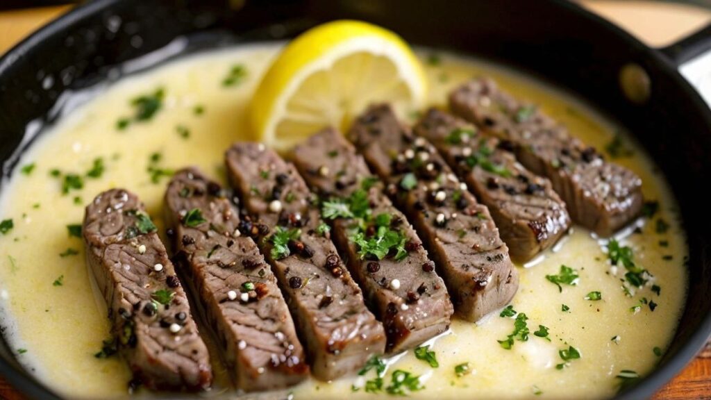 Slices of perfectly cooked steak topped with fresh parsley and cracked pepper, served in a rich, creamy sauce.