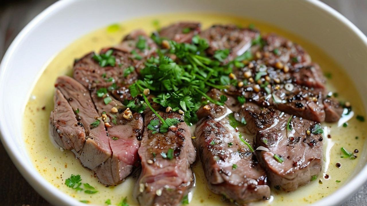 Slices of perfectly cooked steak topped with fresh parsley and cracked pepper, served in a rich, creamy sauce.