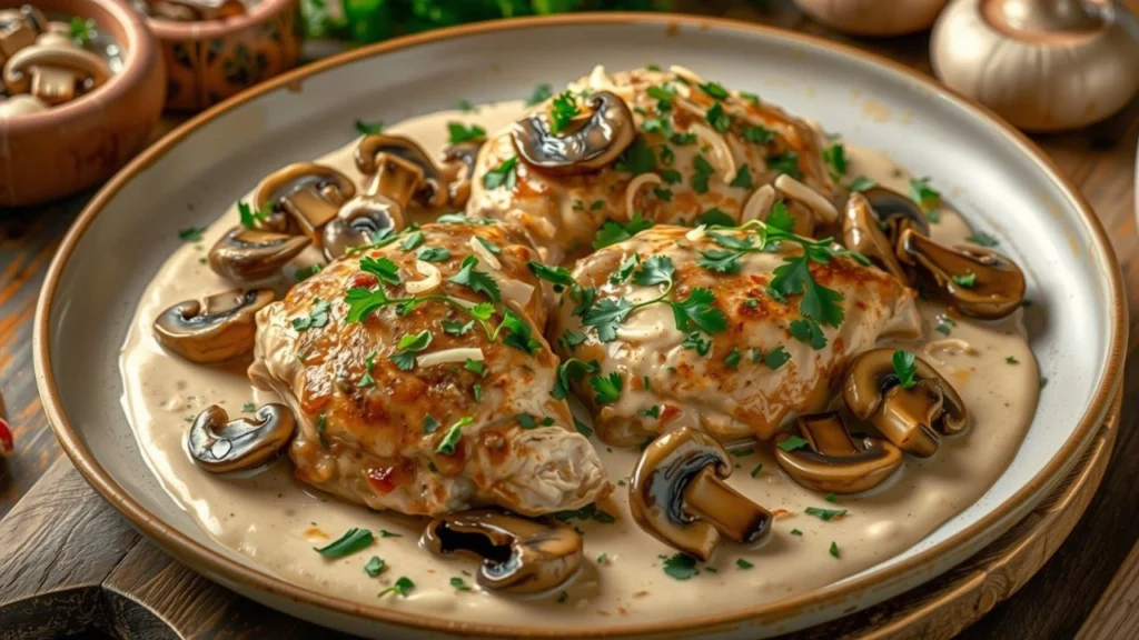 Creamy chicken with mushrooms served in a rich, velvety sauce