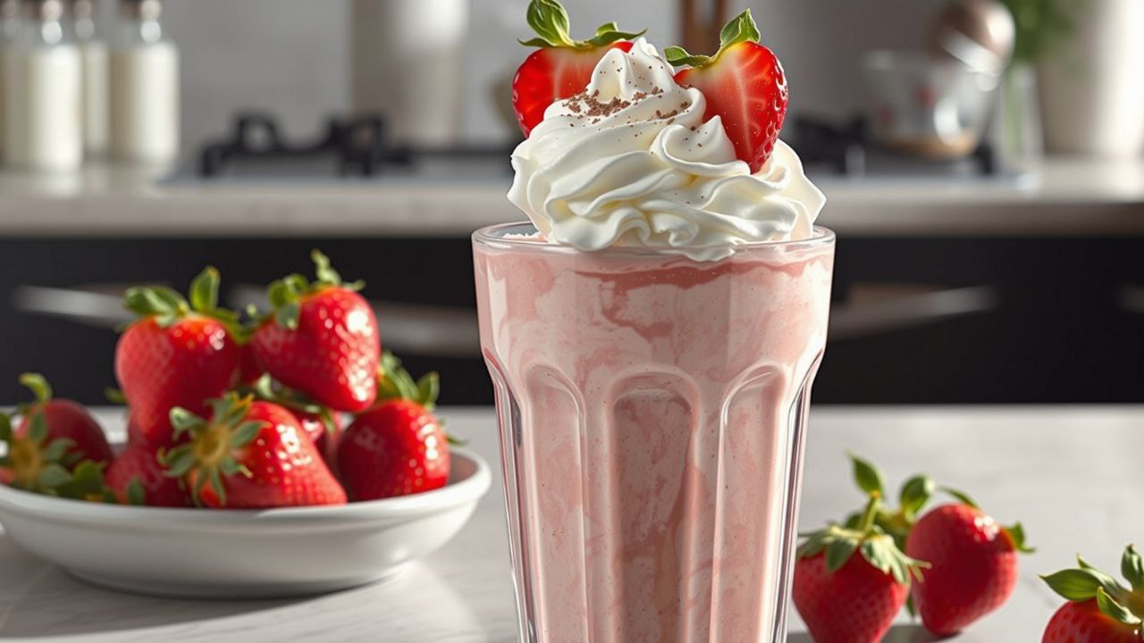 Strawberry Milkshake: Creamy blend of strawberries, ice cream, and milk. Perfect for hot days or a sweet dessert treat