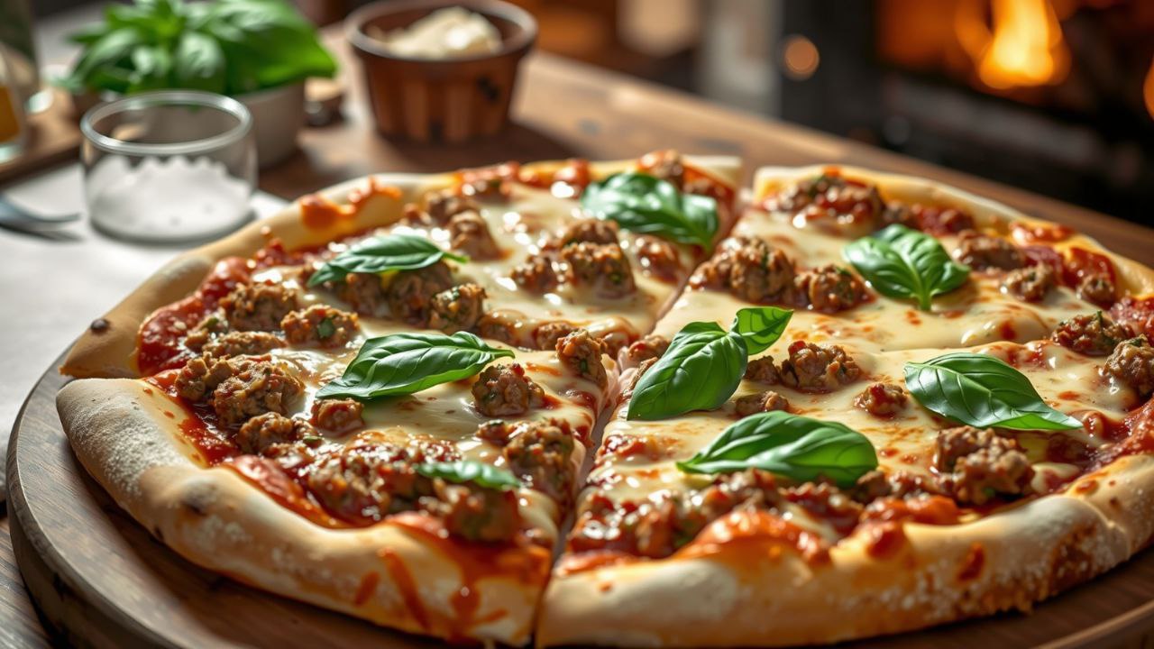 Bolognese Pizza: Homemade pizza with rich Bolognese sauce, mozzarella, Parmesan, and fresh basil. Perfect for any meal