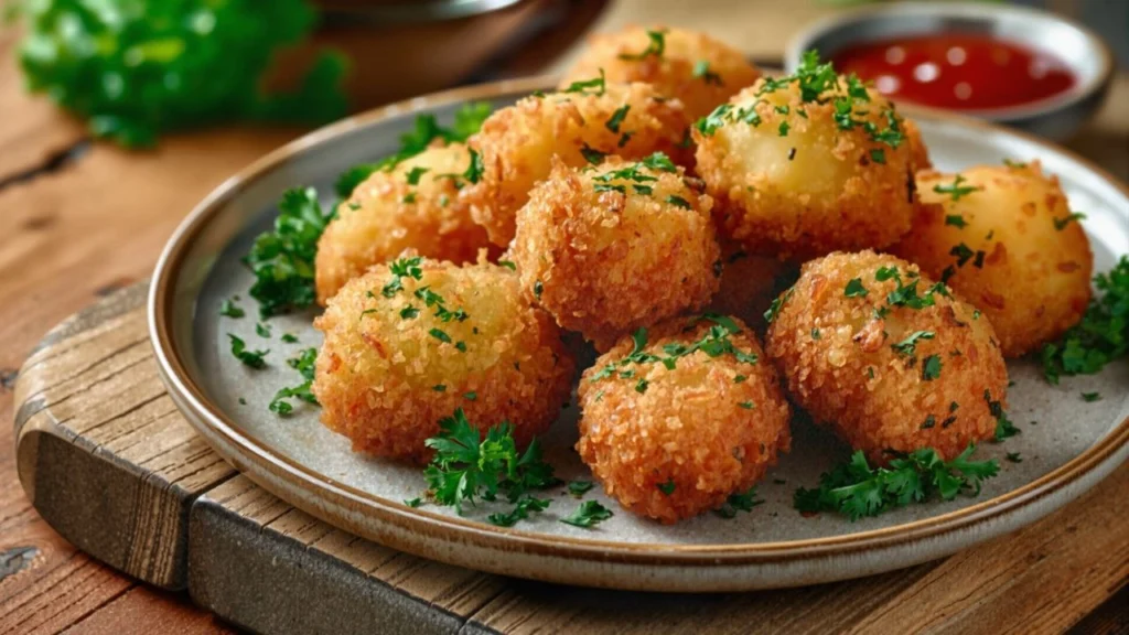 Crispy Italian-style potato croquettes garnished with parsley, served on a plate with dipping sauce.