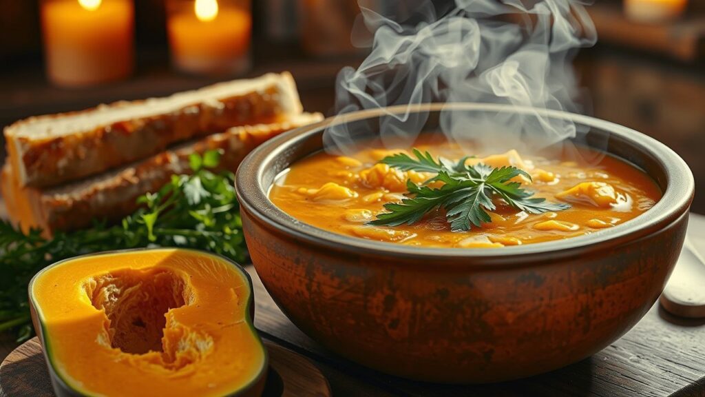 Comforting pumpkin soup with creamy texture, seasoned with garlic, nutmeg, and herbs, perfect for a cozy, warm meal.