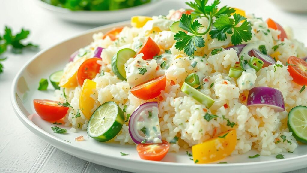 Russian rice salad: a creamy blend of potatoes, veggies, rice, and mayo. A classic dish, perfect as a side or hearty main