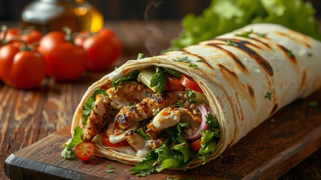 Shawarma Chicken marinated in spices and yogurt, served in pita with fresh veggies, garlic sauce, or tahini.