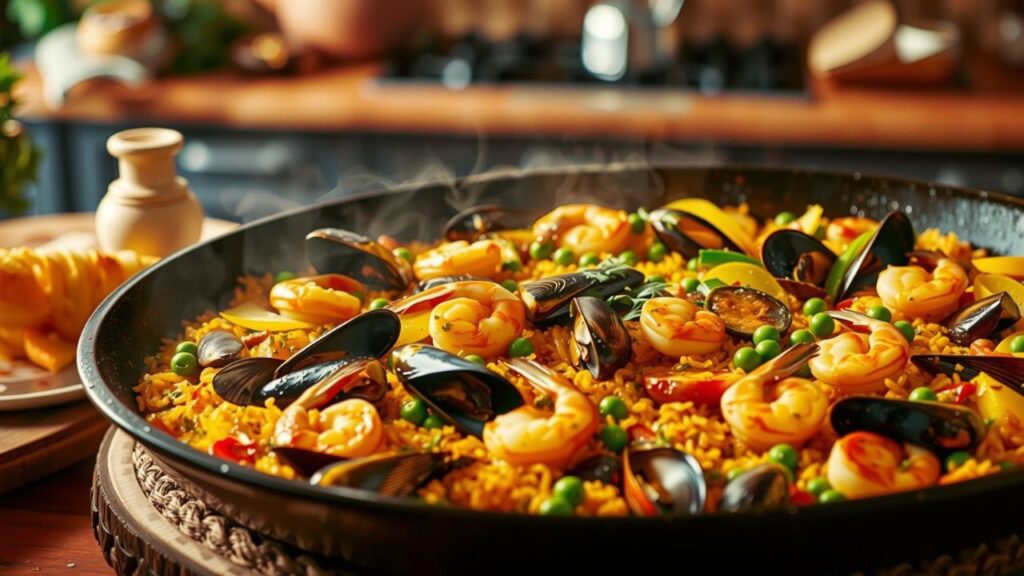 **Paella Recipe:** Traditional Spanish paella with chicken, seafood, and vibrant vegetables—perfectly seasoned and cooked to perfection.