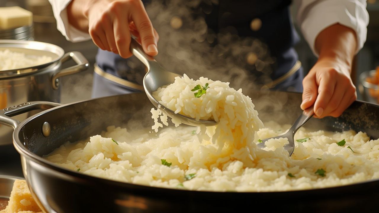 Gourmet risotto rice dish with creamy sauce, grilled fish, and layered potatoes, beautifully plated for an elegant fine dining experience.