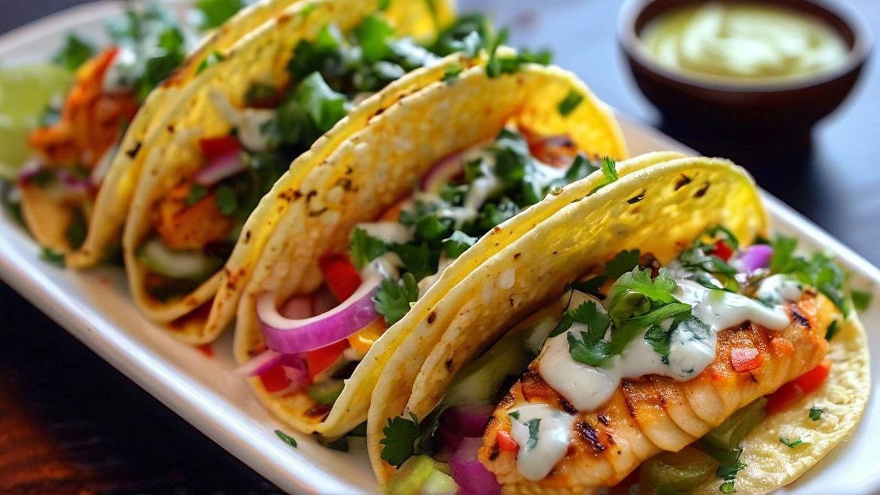 A platter of vibrant fish tacos with grilled fish, fresh veggies, creamy sauce, and cilantro, served on warm tortillas.