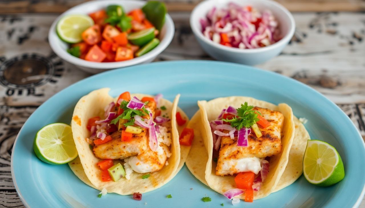 A platter of vibrant fish tacos with grilled fish, fresh veggies, creamy sauce, and cilantro, served on warm tortillas.