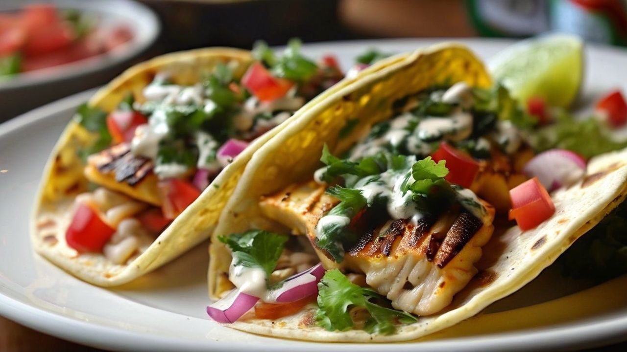 A platter of vibrant fish tacos with grilled fish, fresh veggies, creamy sauce, and cilantro, served on warm tortillas.