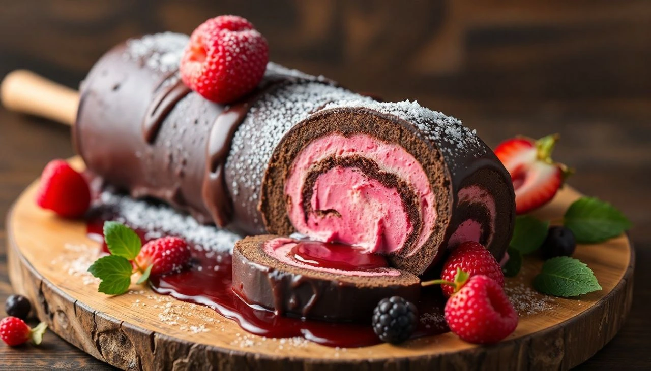 Decadent Chocolate and Red Fruit Ice Cream Log