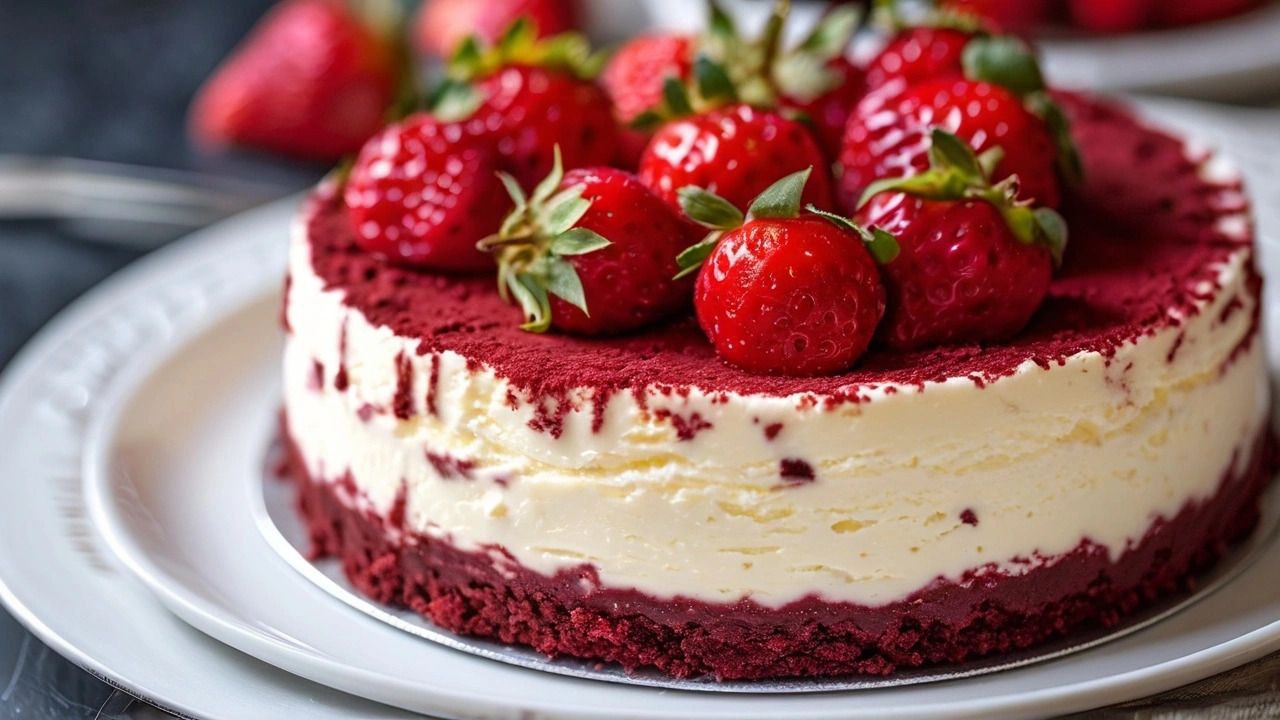 A luscious red velvet cheesecake topped with fresh strawberries and a drizzle of syrup, served on a white plate.