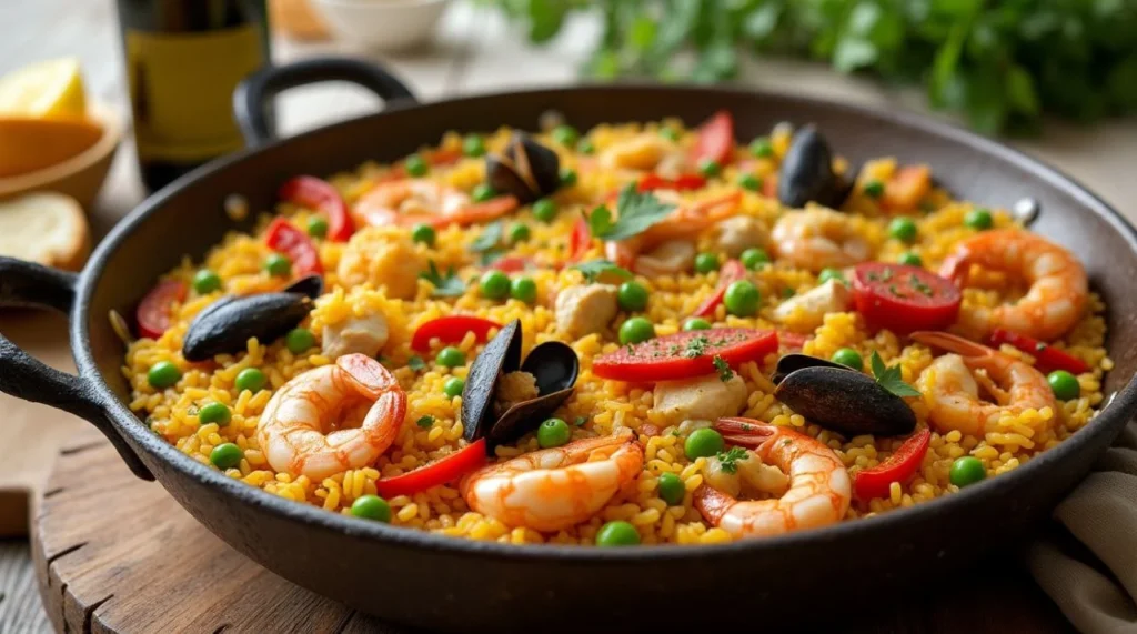 Traditional Spanish Paella Mixta with seafood, chicken, and vibrant vegetables served in a large pan