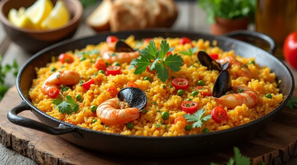 Traditional Spanish Paella Mixta with seafood, chicken, and vibrant vegetables served in a large pan