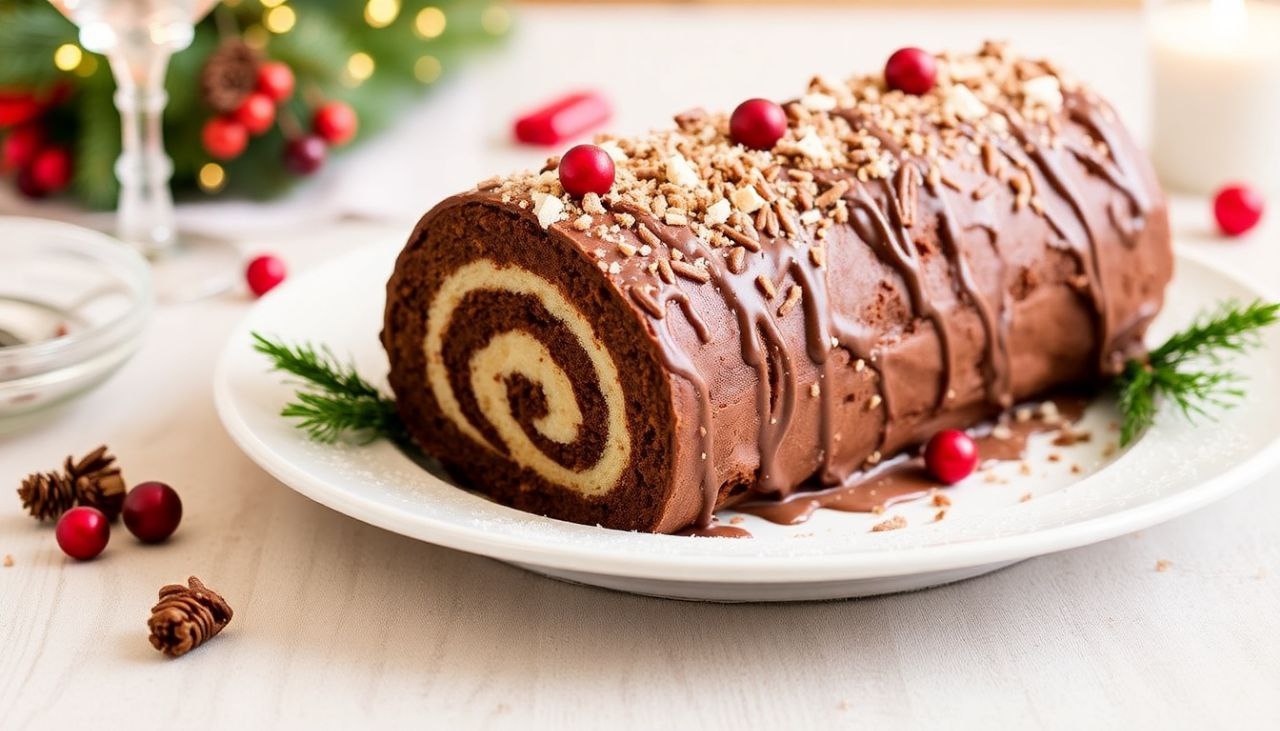 Festive Christmas Yule Log Cake Decorated with Chocolate and Holiday Touches