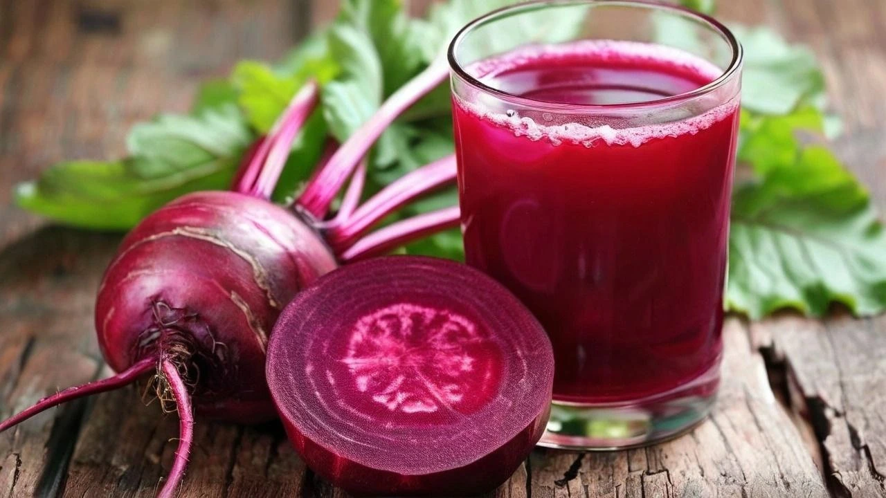 : Freshly made beetroot juice in a glass, surrounded by sliced beets and a sprig of parsley.