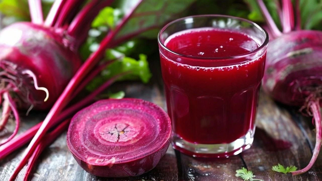 : Freshly made beetroot juice in a glass, surrounded by sliced beets and a sprig of parsley.