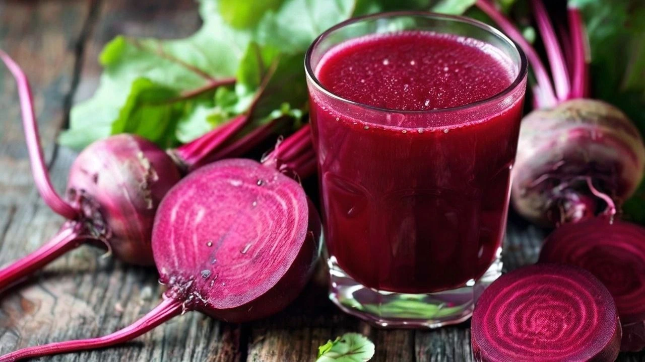 : Freshly made beetroot juice in a glass, surrounded by sliced beets and a sprig of parsley.