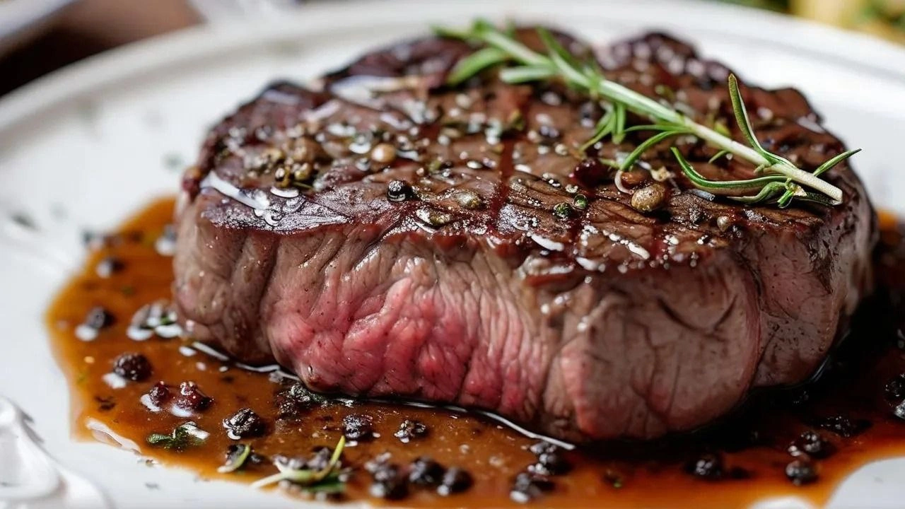 Beef steak served with rich pepper sauce