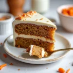 Moist and delicious carrot cake topped with cream cheese frosting, perfect for any occasion.