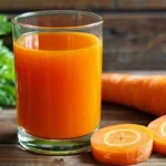 Glass of freshly made carrot juice on a wooden table surrounded by fresh carrots and parsley