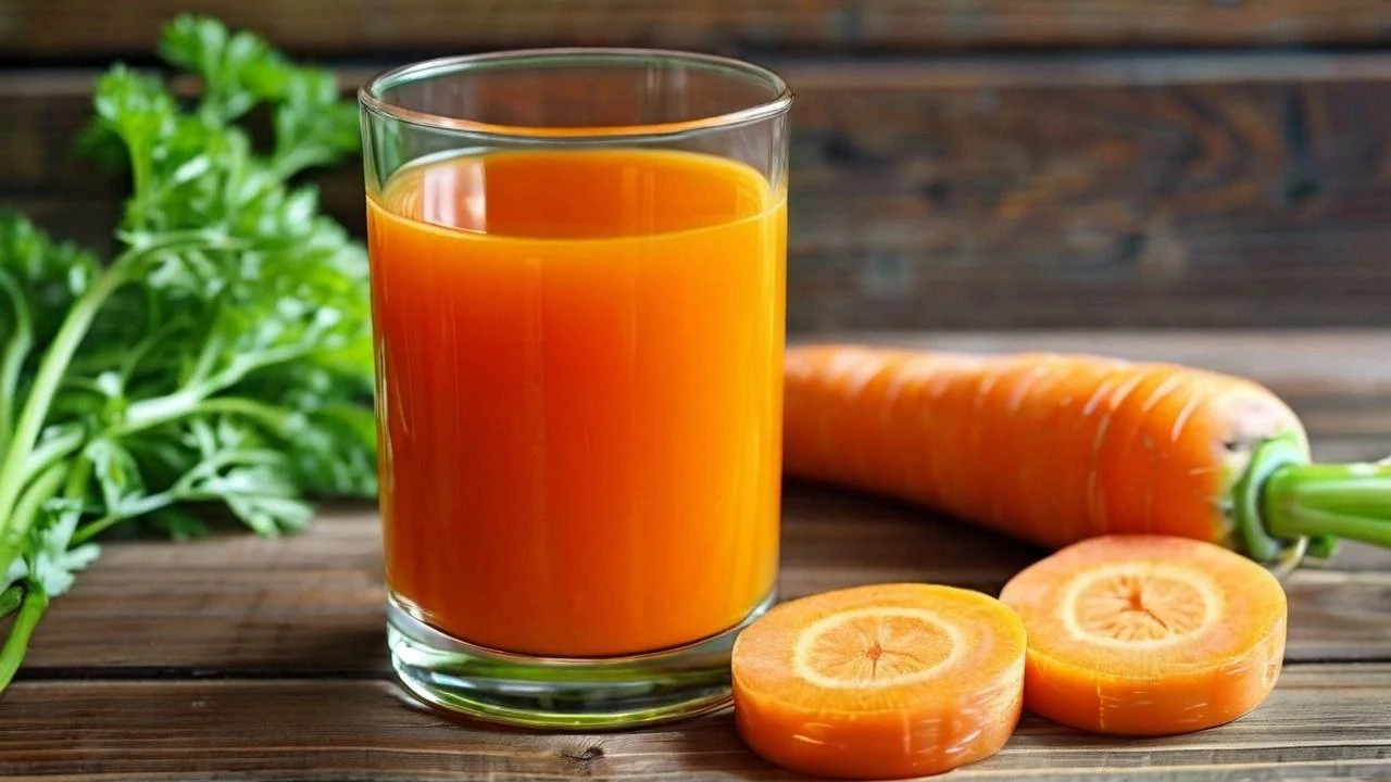 Glass of freshly made carrot juice on a wooden table surrounded by fresh carrots and parsley