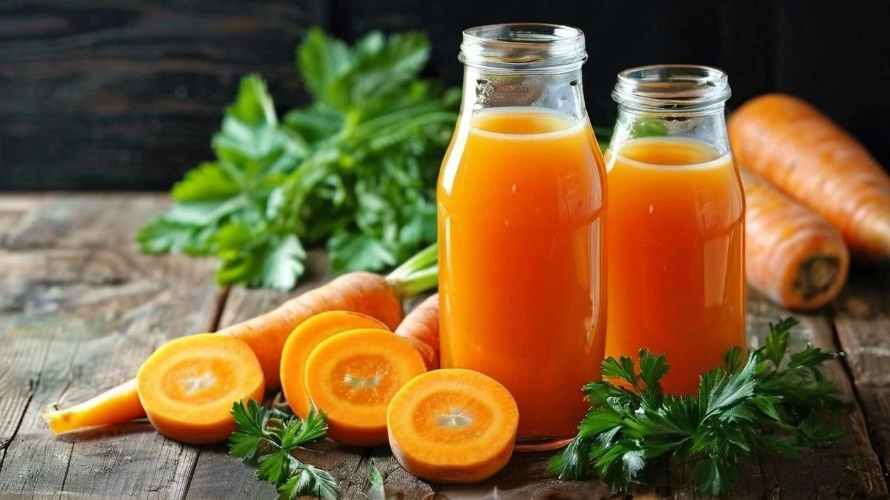 Glass of freshly made carrot juice on a wooden table surrounded by fresh carrots and parsley