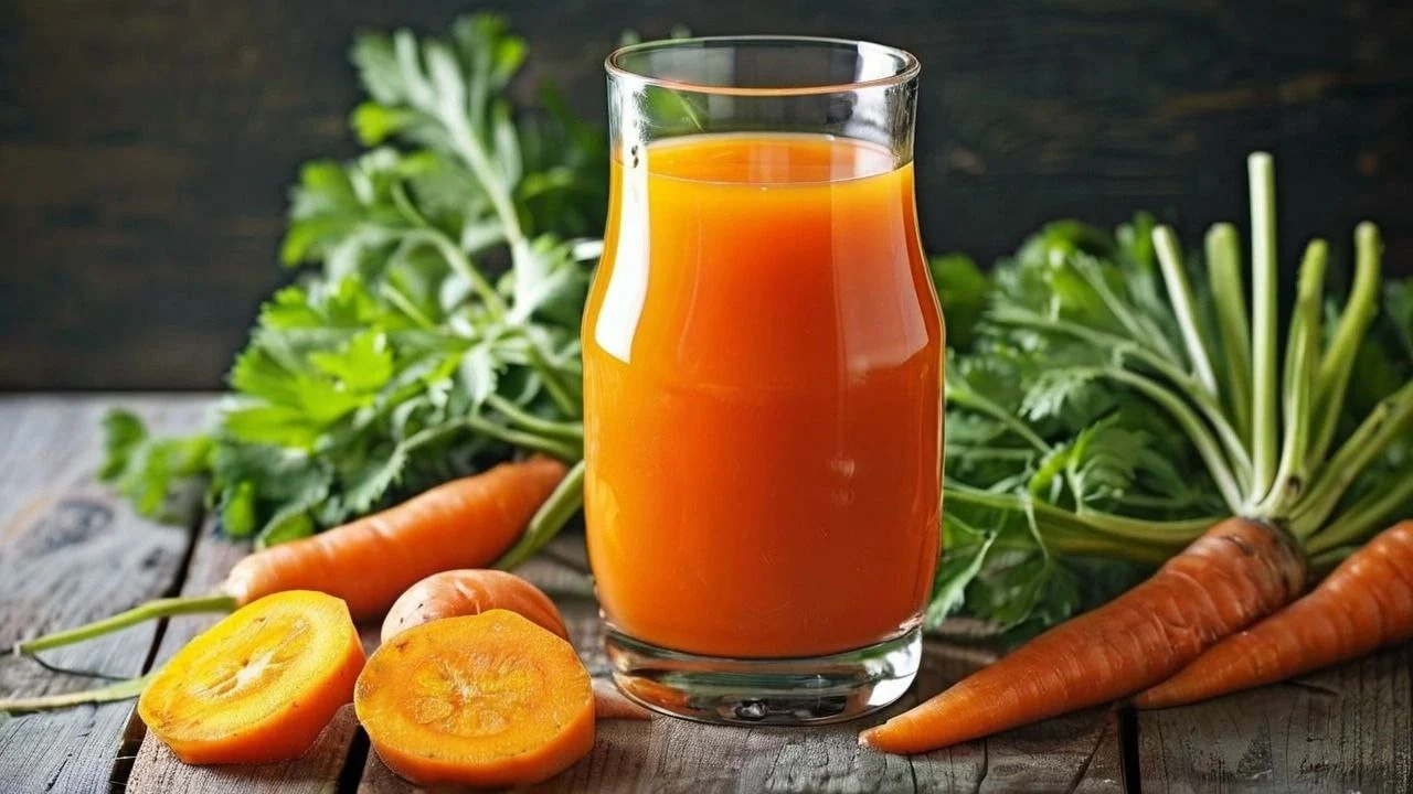 Glass of freshly made carrot juice on a wooden table surrounded by fresh carrots and parsley