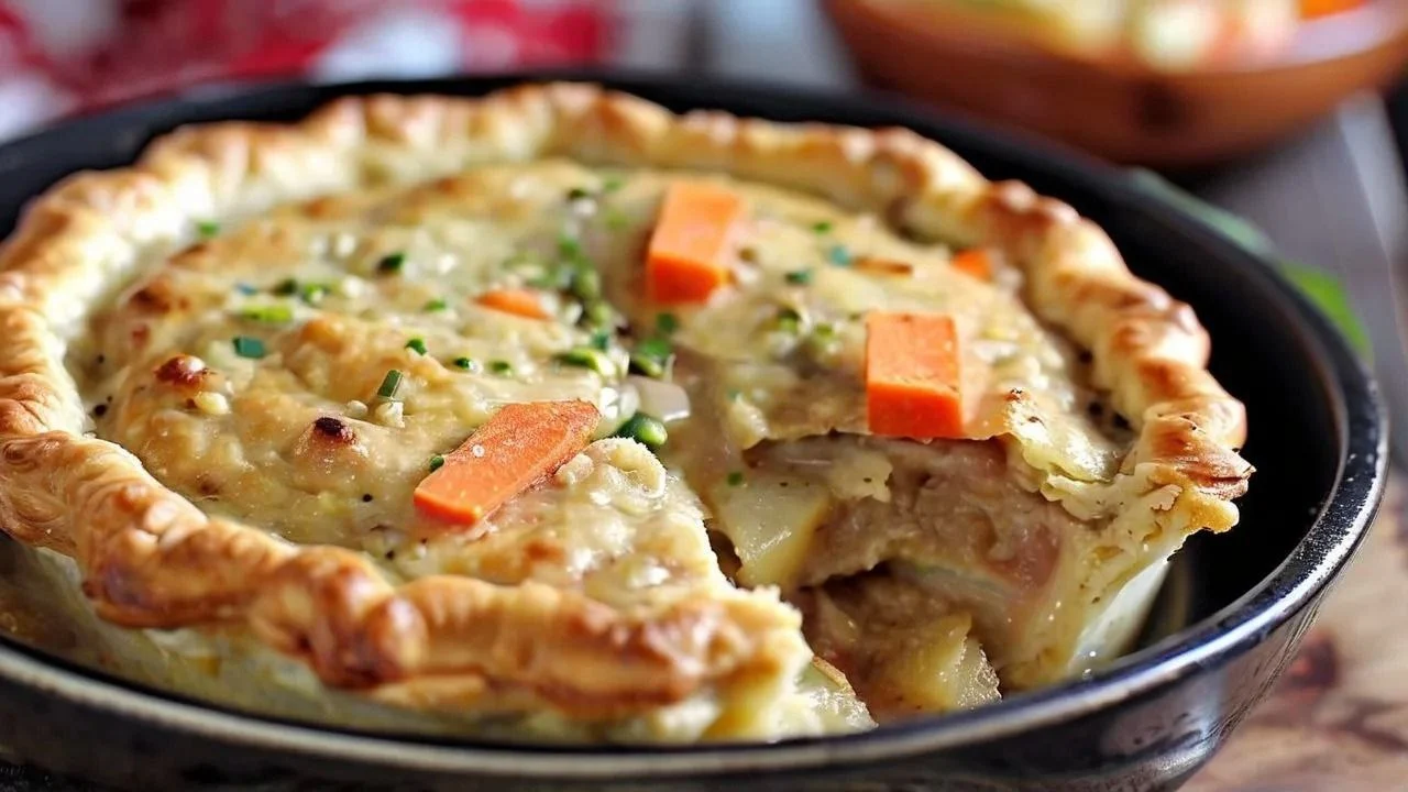 Chicken pot pie casserole with golden crust, tender chicken, and creamy vegetable filling