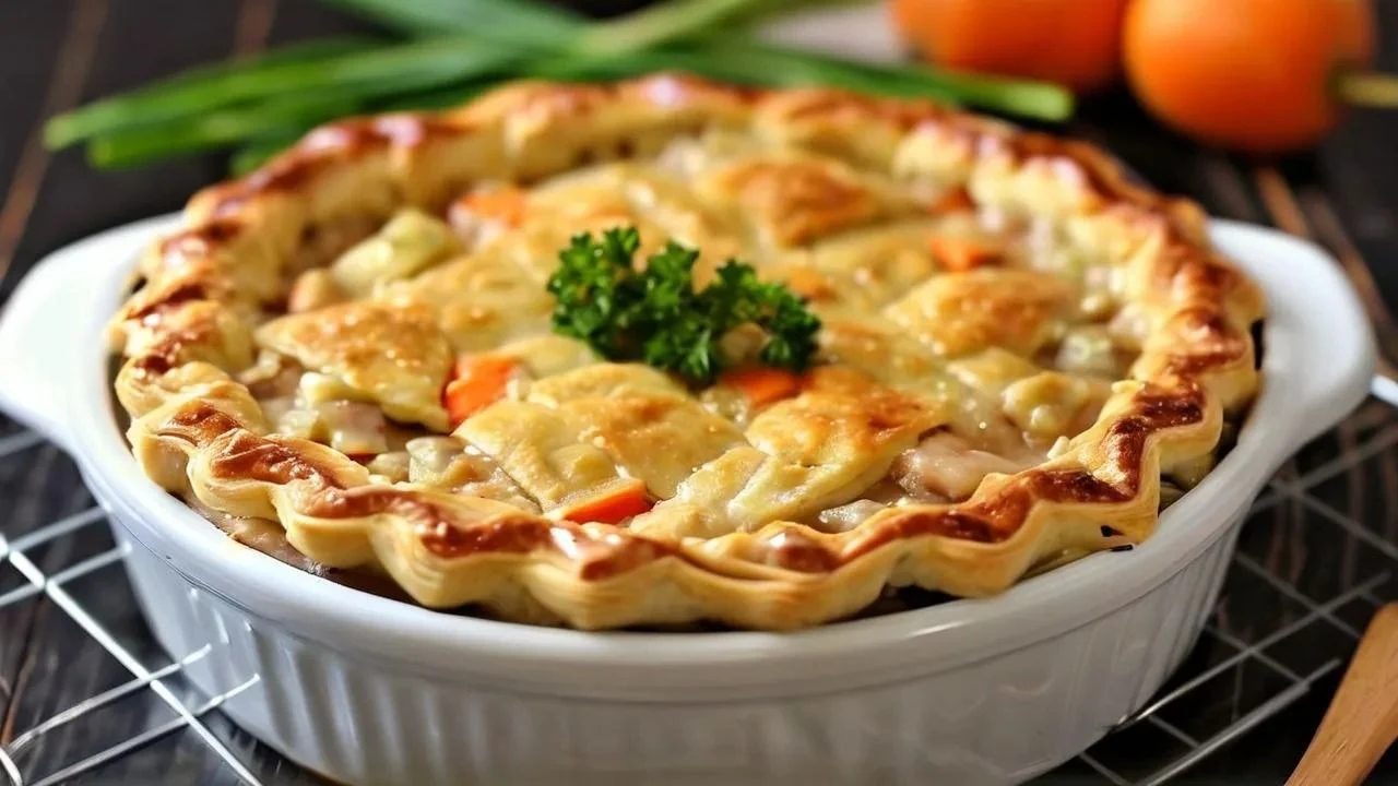 Chicken pot pie casserole with golden crust, tender chicken, and creamy vegetable filling