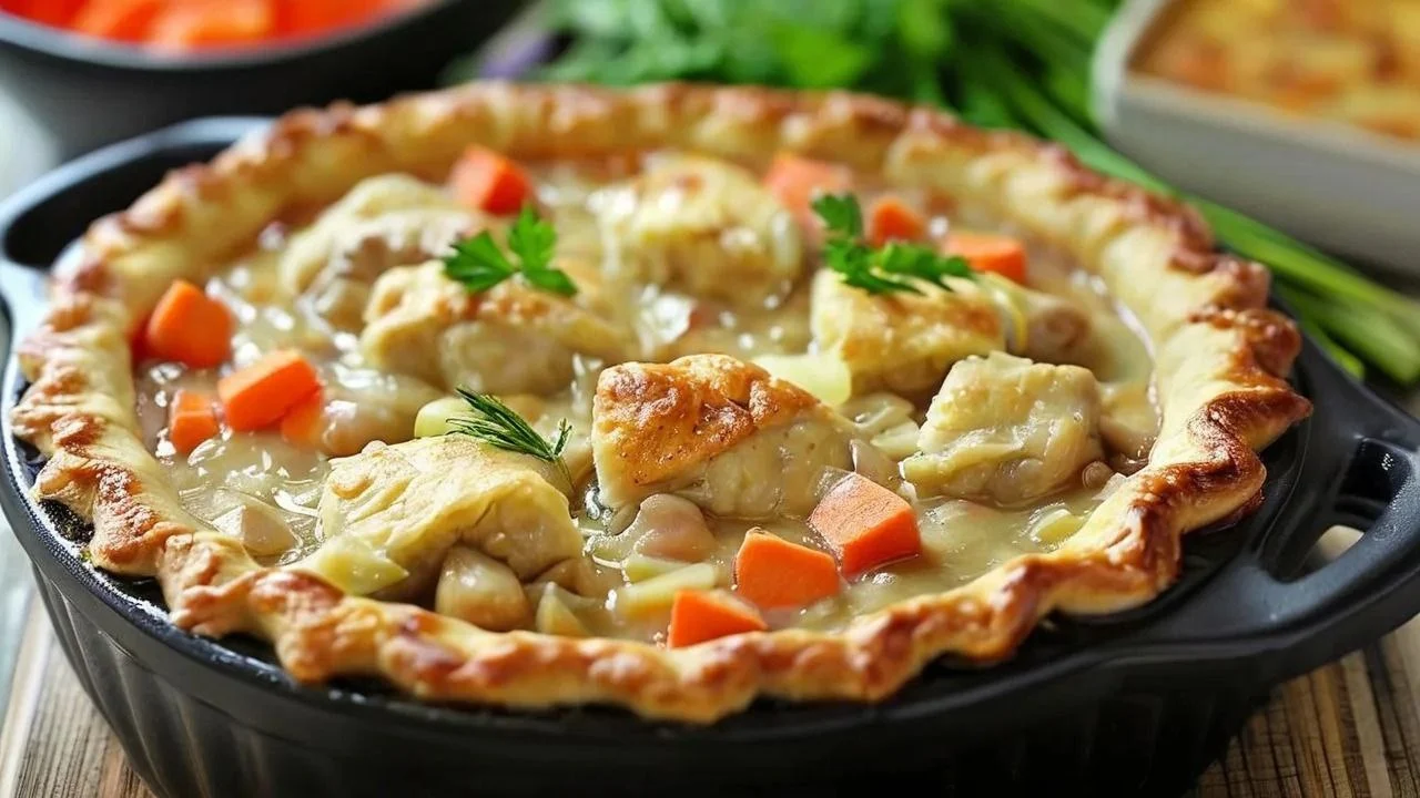 Chicken pot pie casserole with golden crust, tender chicken, and creamy vegetable filling