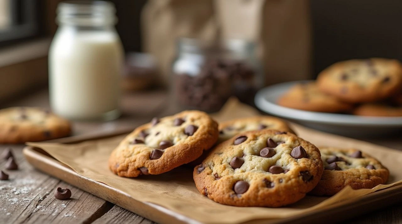 Warm, chewy chocolate chip cookies fresh from the oven with gooey melted chocolate chips.