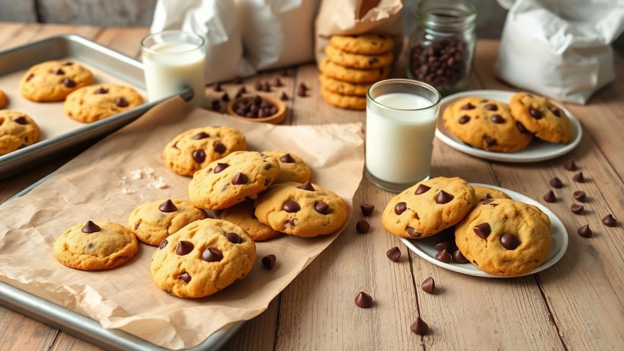 Warm, chewy chocolate chip cookies fresh from the oven with gooey melted chocolate chips.