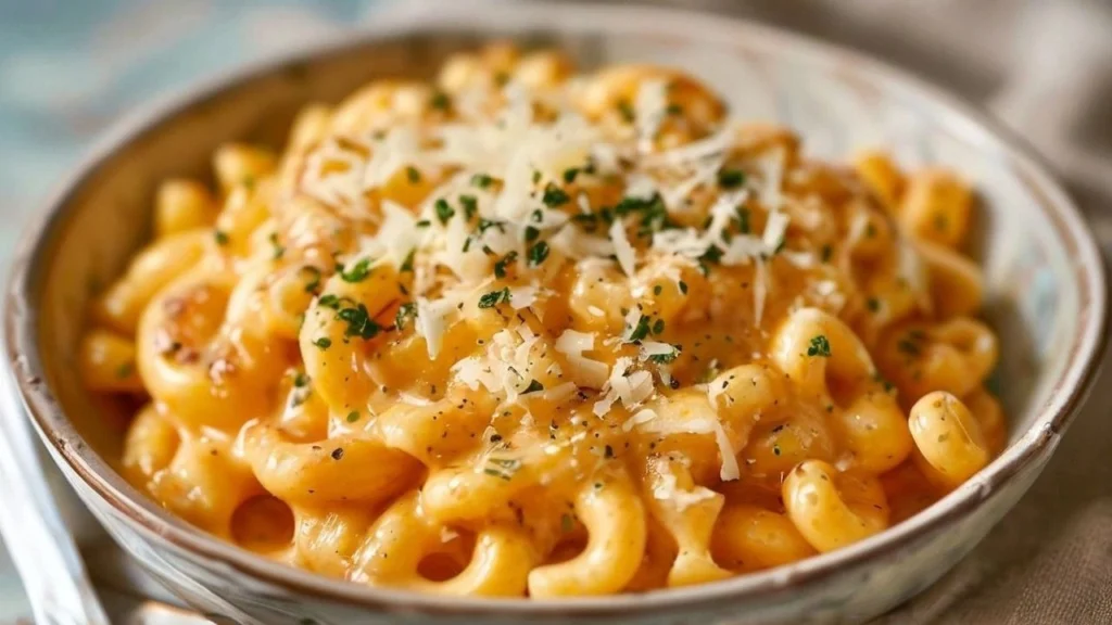 Delicious creamy mac and cheese with melted cheddar cheese topping