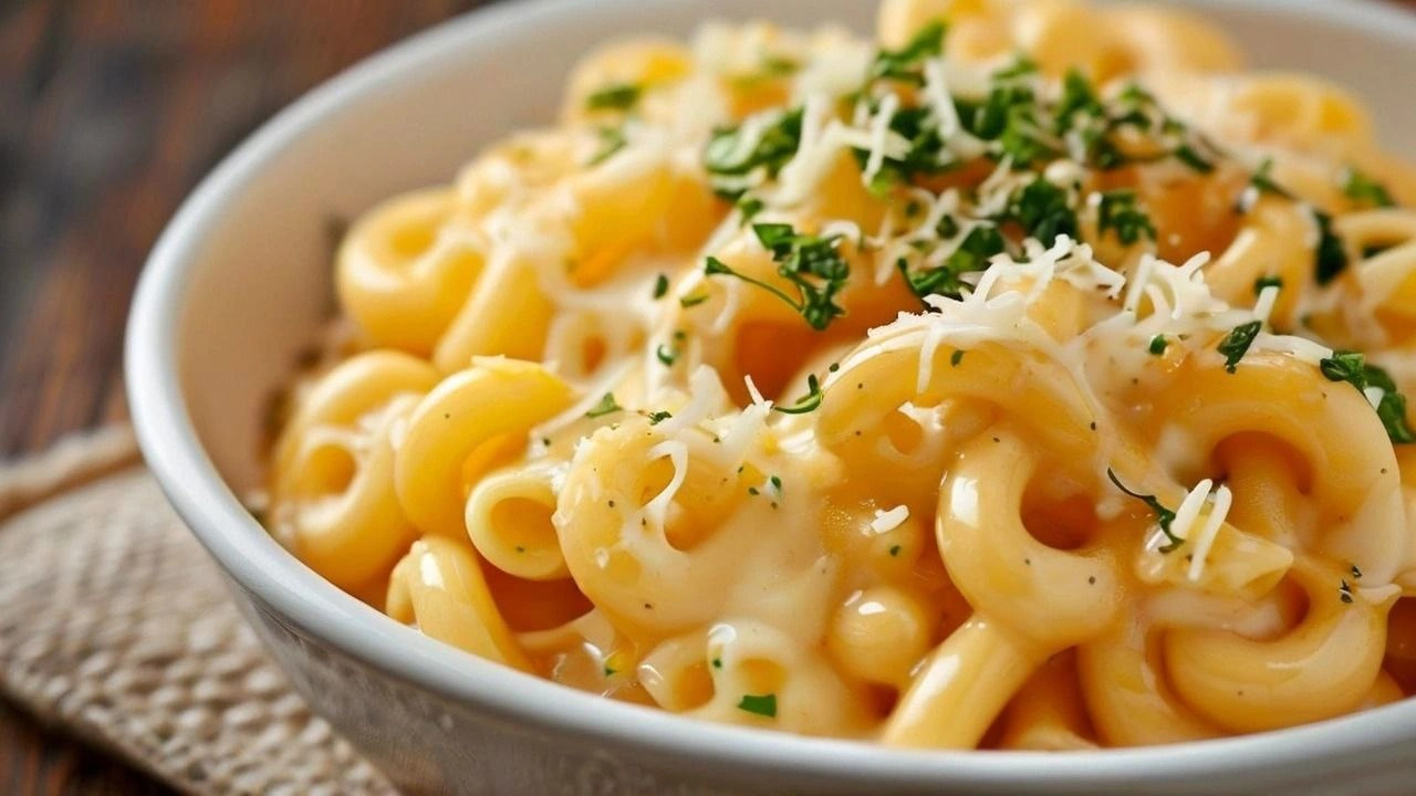 Delicious creamy mac and cheese with melted cheddar cheese topping