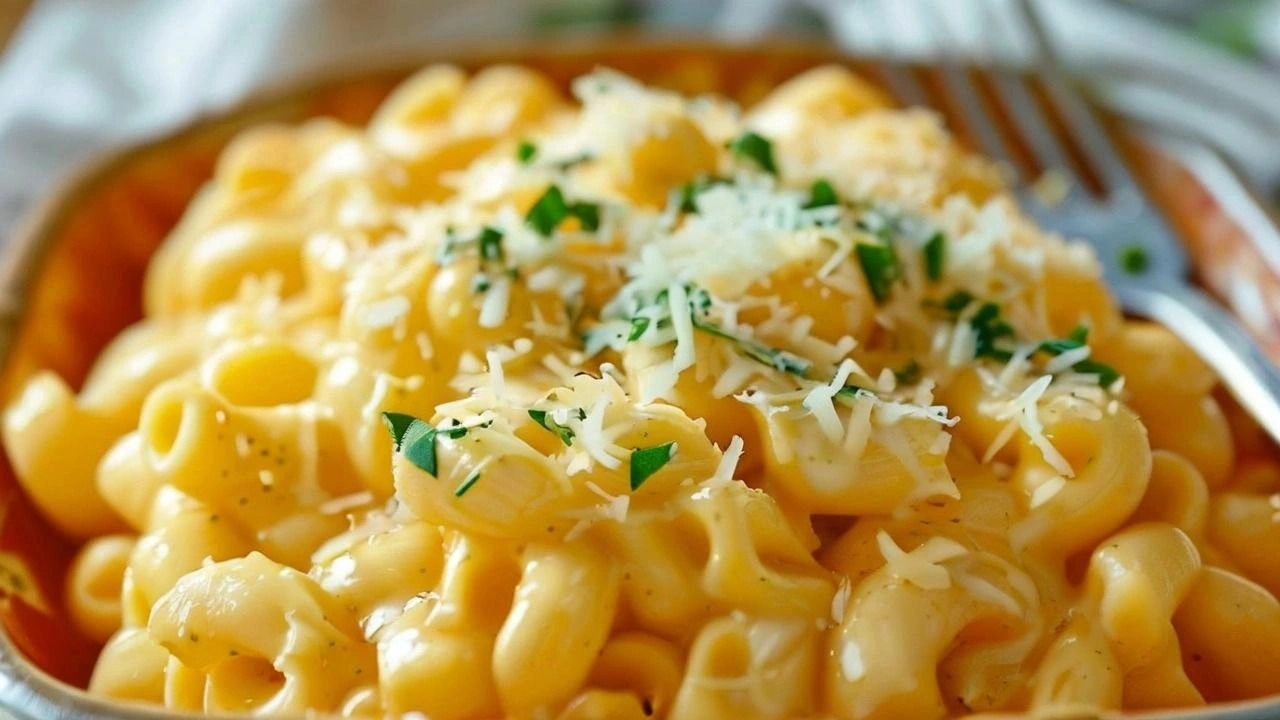 Delicious creamy mac and cheese with melted cheddar cheese topping