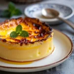 Classic creme brulee with a caramelized sugar crust, served in a ramekin with a garnish of mint