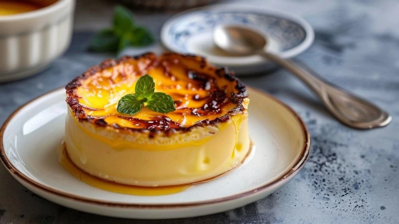 Classic creme brulee with a caramelized sugar crust, served in a ramekin with a garnish of mint