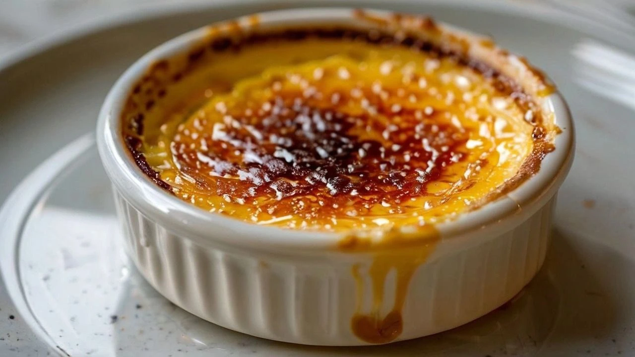 Classic creme brulee with a caramelized sugar crust, served in a ramekin with a garnish of mint