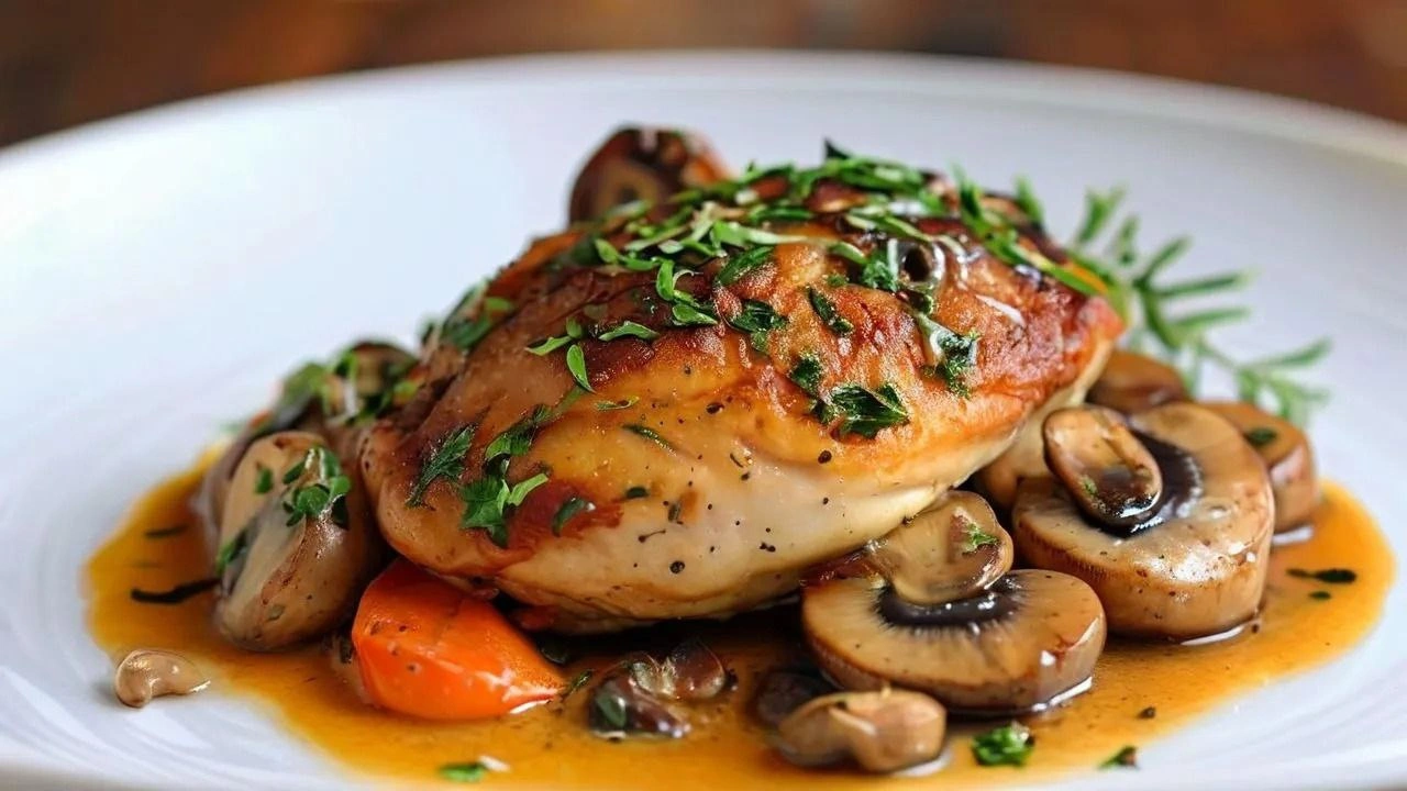 Chicken with mustard and mushrooms served in a creamy sauce.