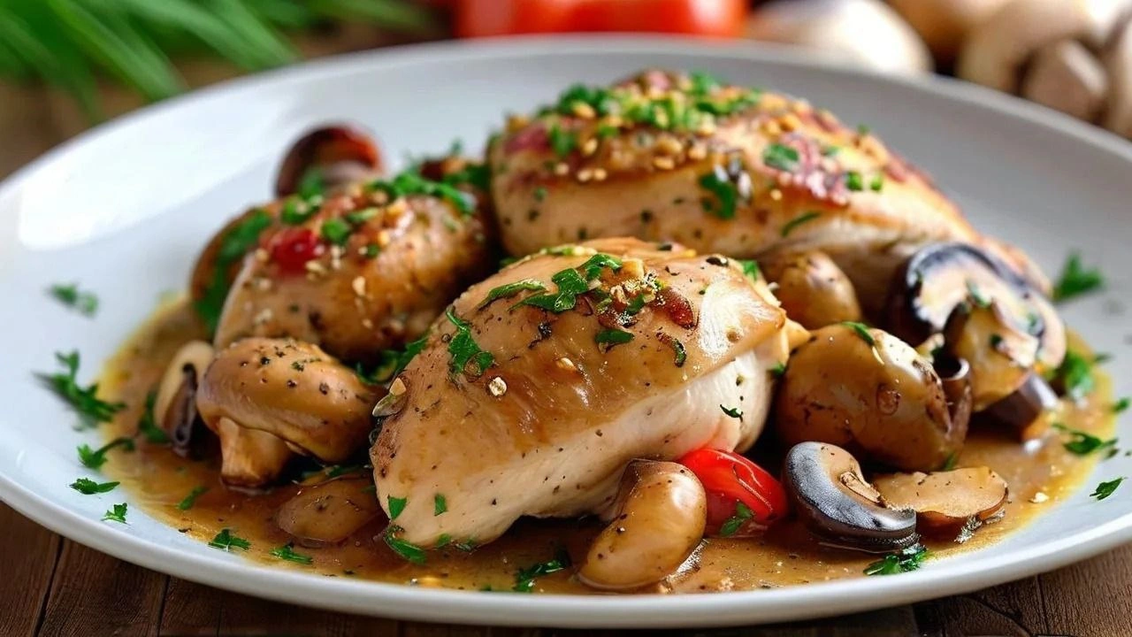 Chicken with mustard and mushrooms served in a creamy sauce.